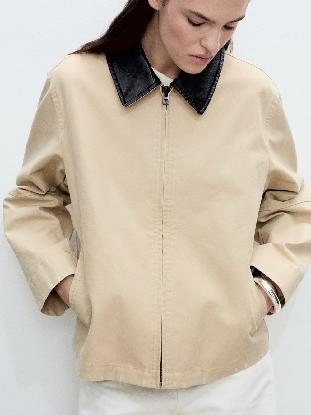 Mango Sz L Tan Relaxed Chore Barn Cotton Faux Leather Collar Jacket